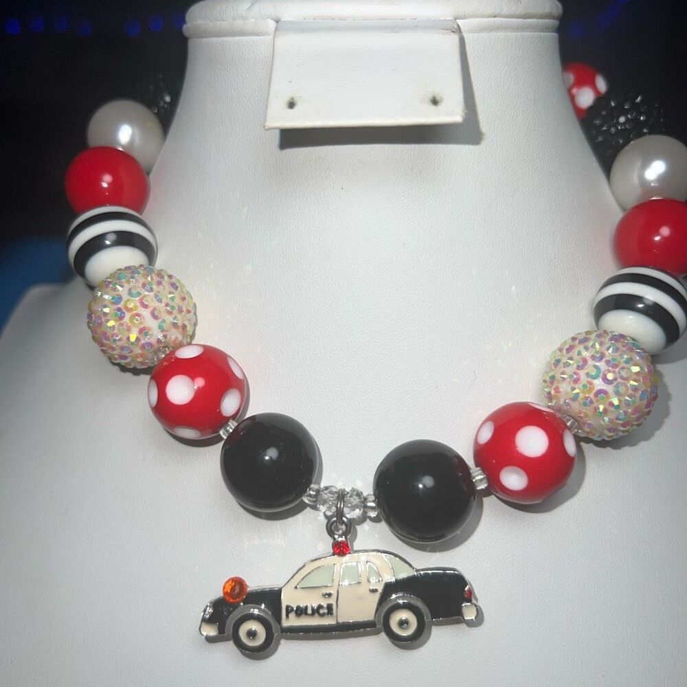 Vintage Black, white and Red Bubblegum Acrylic Necklace With Police Car Charm